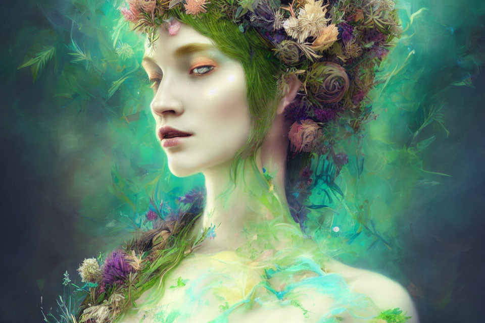 Person with Green Skin Wearing Floral Crown in Mystical Portrait