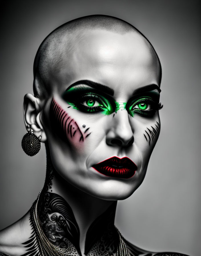 Bald Person with Green Eyes and Dramatic Makeup Portrait