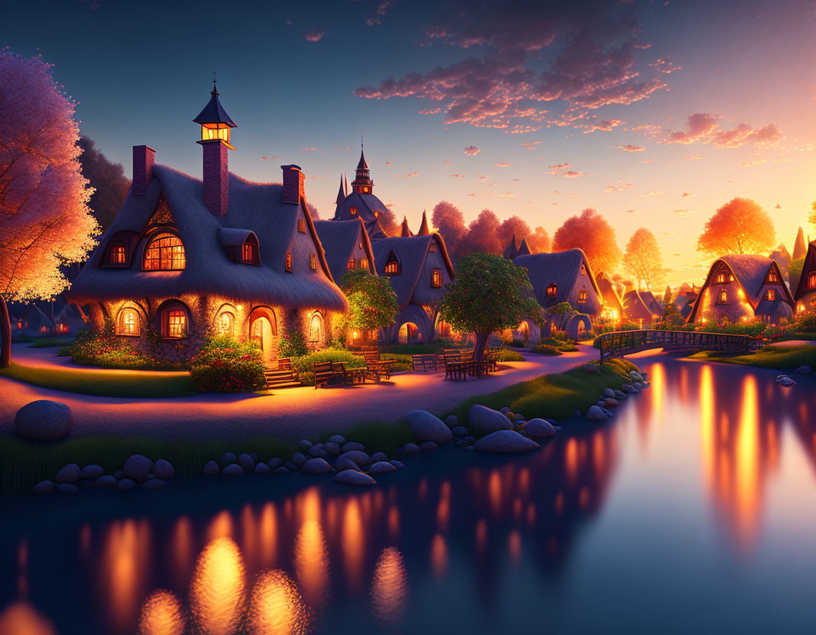 Fairytale village: Thatched-roof houses, glowing windows, tranquil river