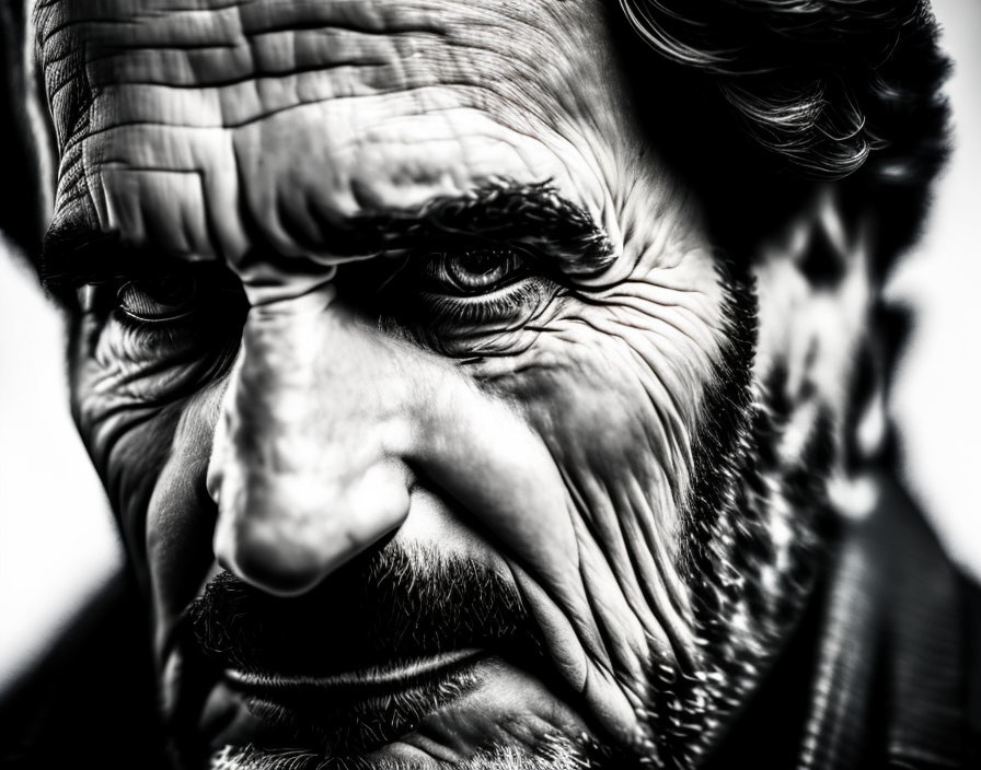 Monochrome close-up portrait of elderly man with deep wrinkles
