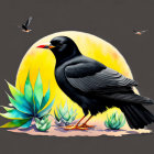 Colorful illustration of black bird with orange beak in nature scene