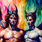 Muscular mythological figures with horns and wings on vibrant background