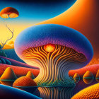 Colorful alien landscape with giant mushroom structures under a multi-moon sky