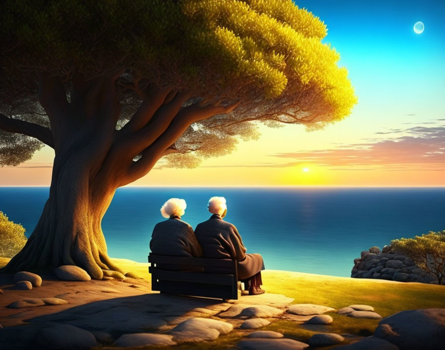 Elderly couple on bench watching sunset by the sea