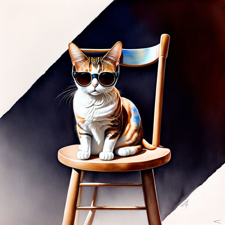 Striped Cat Wearing Sunglasses on Wooden Stool