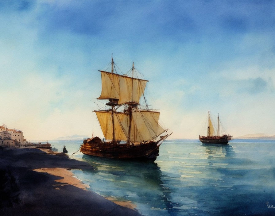 Tranquil watercolor: tall ships near coastal town, calm blue waters