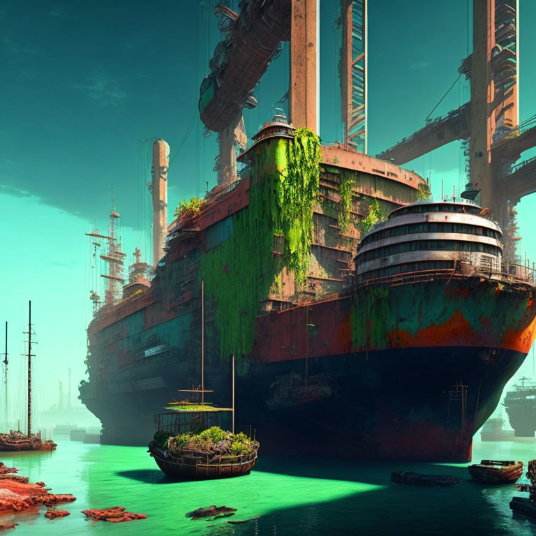 Abandoned shipyard: rusting ships in green waters