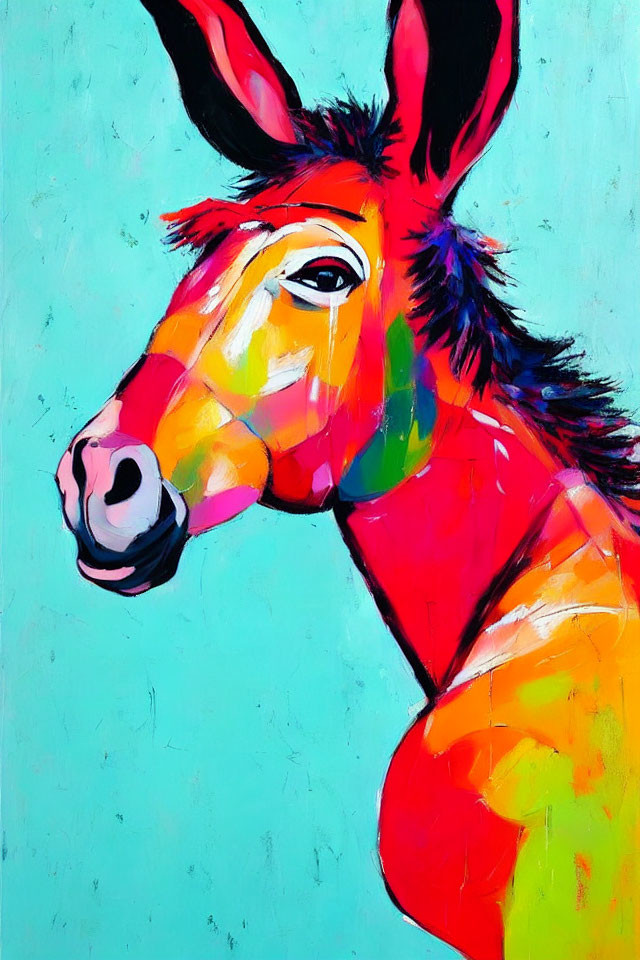Vibrant Abstract Donkey Portrait with Red, Yellow, Green Hues