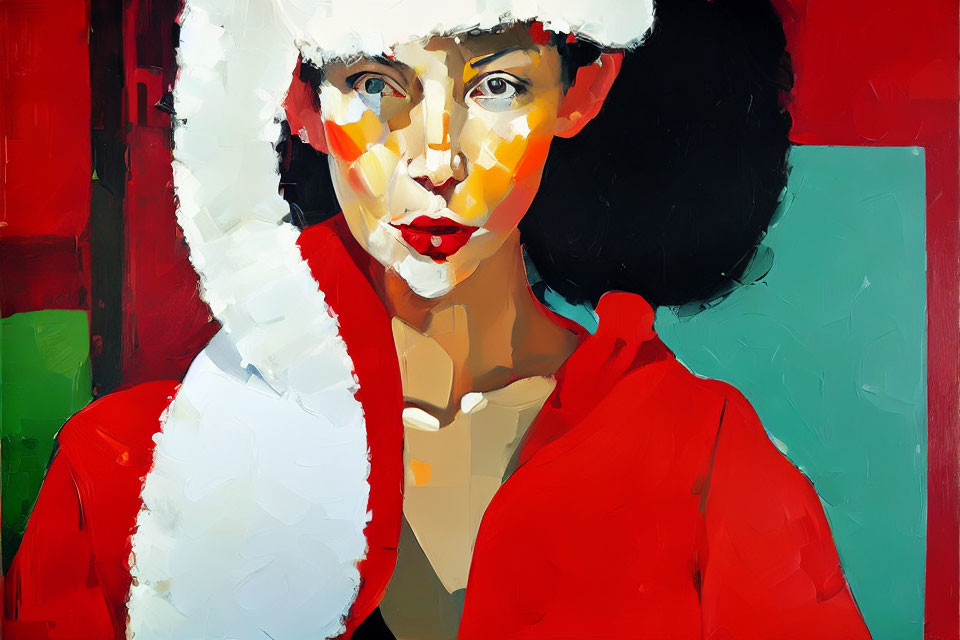 Vibrant woman portrait in Santa hat with bold color scheme