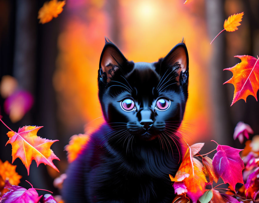 Baby black kitty under falling leaves 