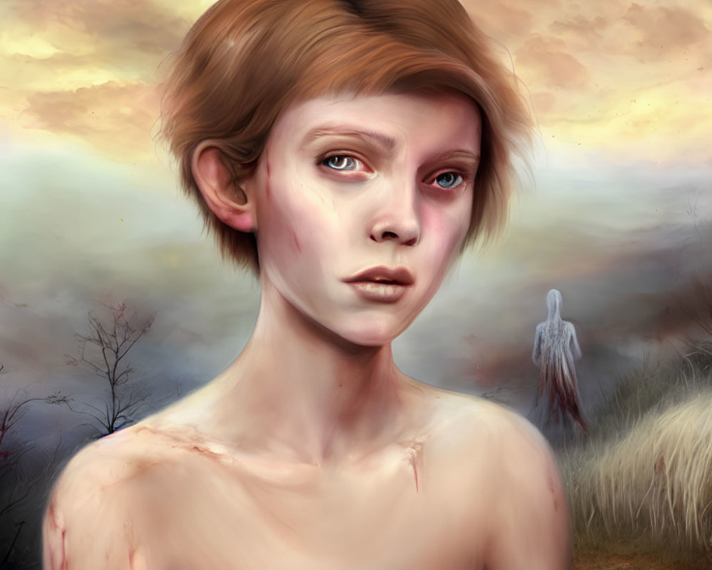 Young person with elfin features in somber expression against eerie landscape with ghostly figure