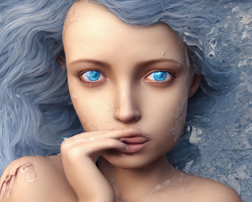 Detailed digital art of female figure with blue eyes, hair, and icy skin