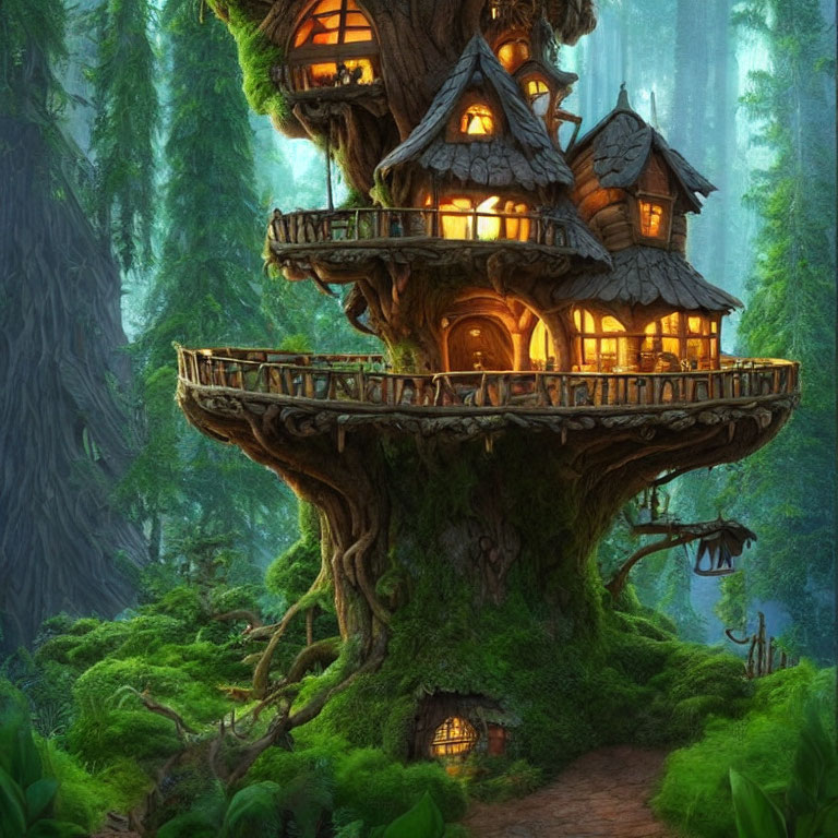Enchanting treehouse with illuminated windows in ancient tree amid misty forest