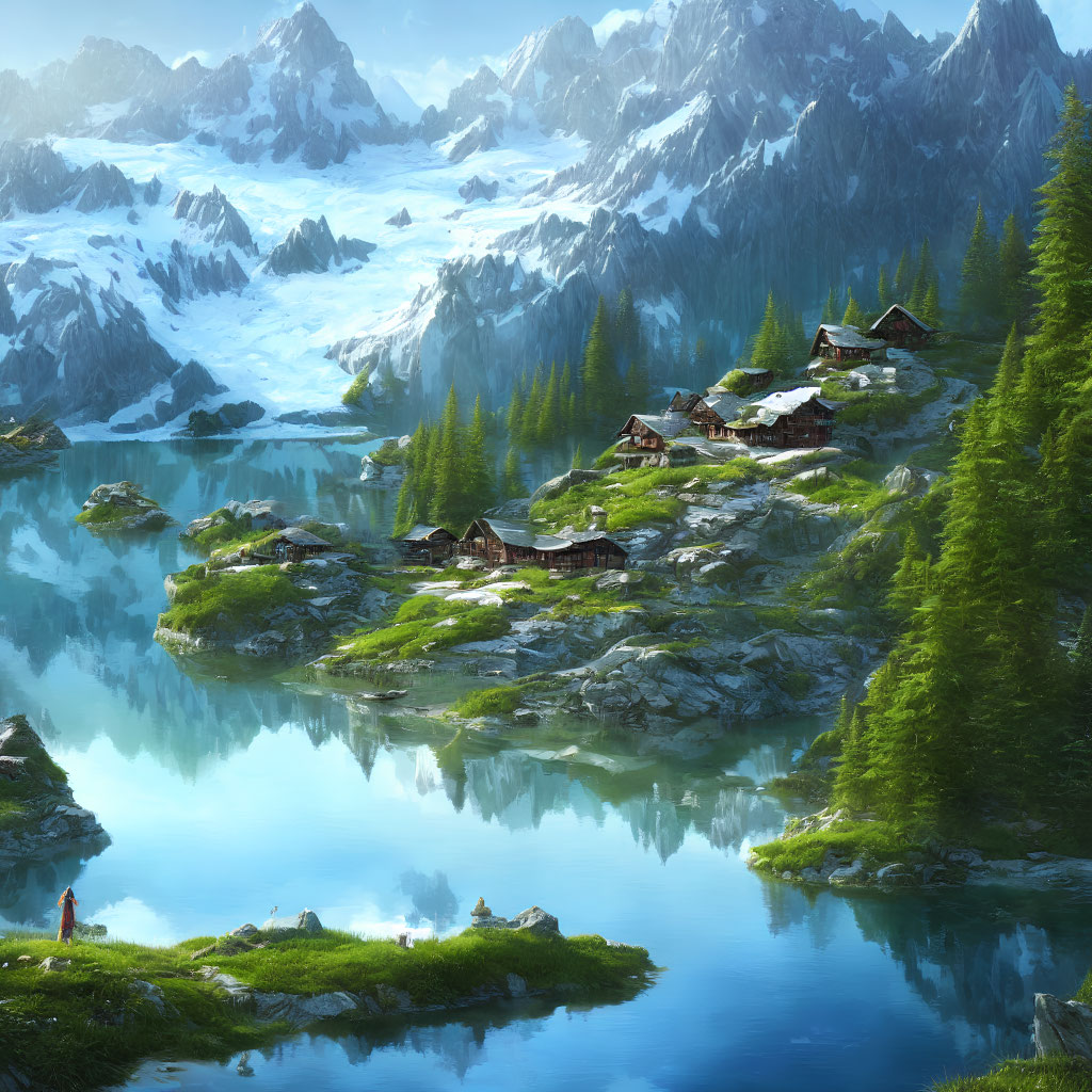 Tranquil Alpine Landscape with Lakes, Cabins, and Snow-Capped Mountains