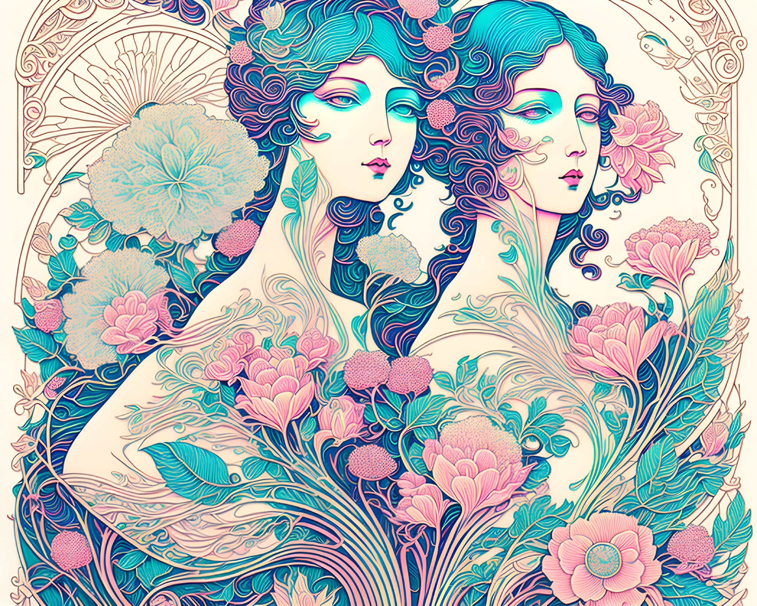 Detailed Art Nouveau Style Illustration of Twin Women with Floral Motifs