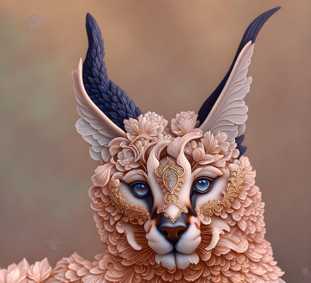 Digital artwork of ornate feline creature with golden adornments and feathered wings