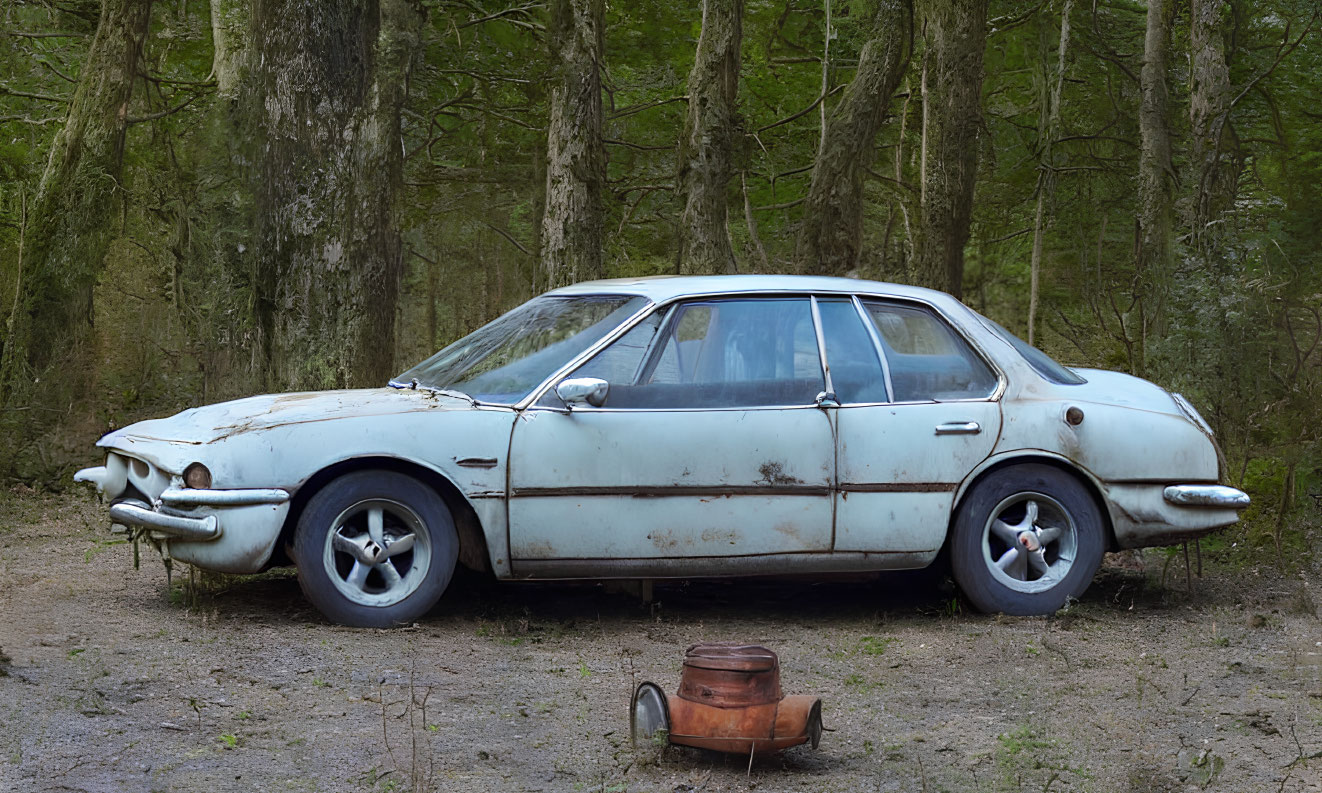 Abandoned rusty white car with unique design in woods with copper canister