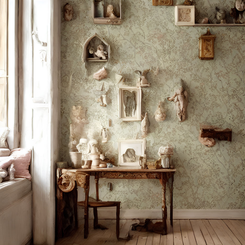 Vintage Room Corner with Floral Wallpaper, Wooden Desk, and Eclectic Wall Decor