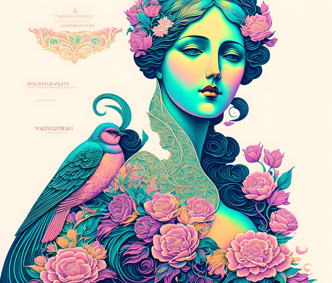 Colorful Art Nouveau style illustration of a woman with floral hair and a peacock.