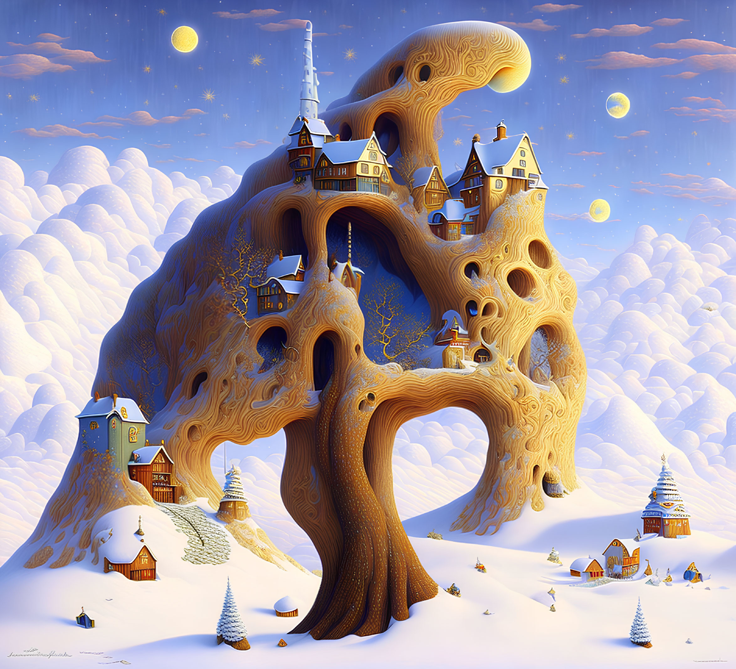Giant Tree with Houses and Castles in Snowy Landscape
