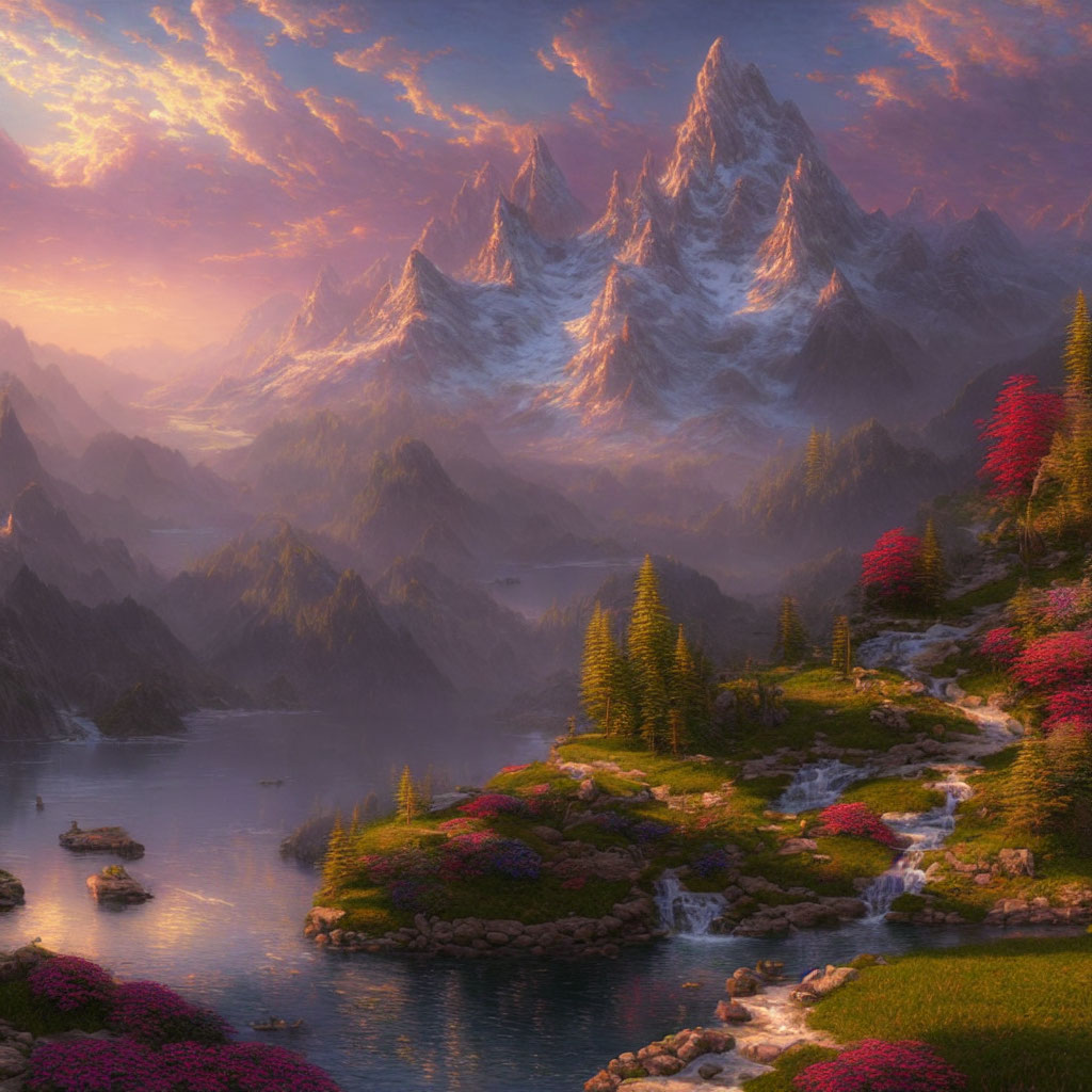 Majestic snow-capped peaks, tranquil lake, cascading waterfall in serene fantasy landscape