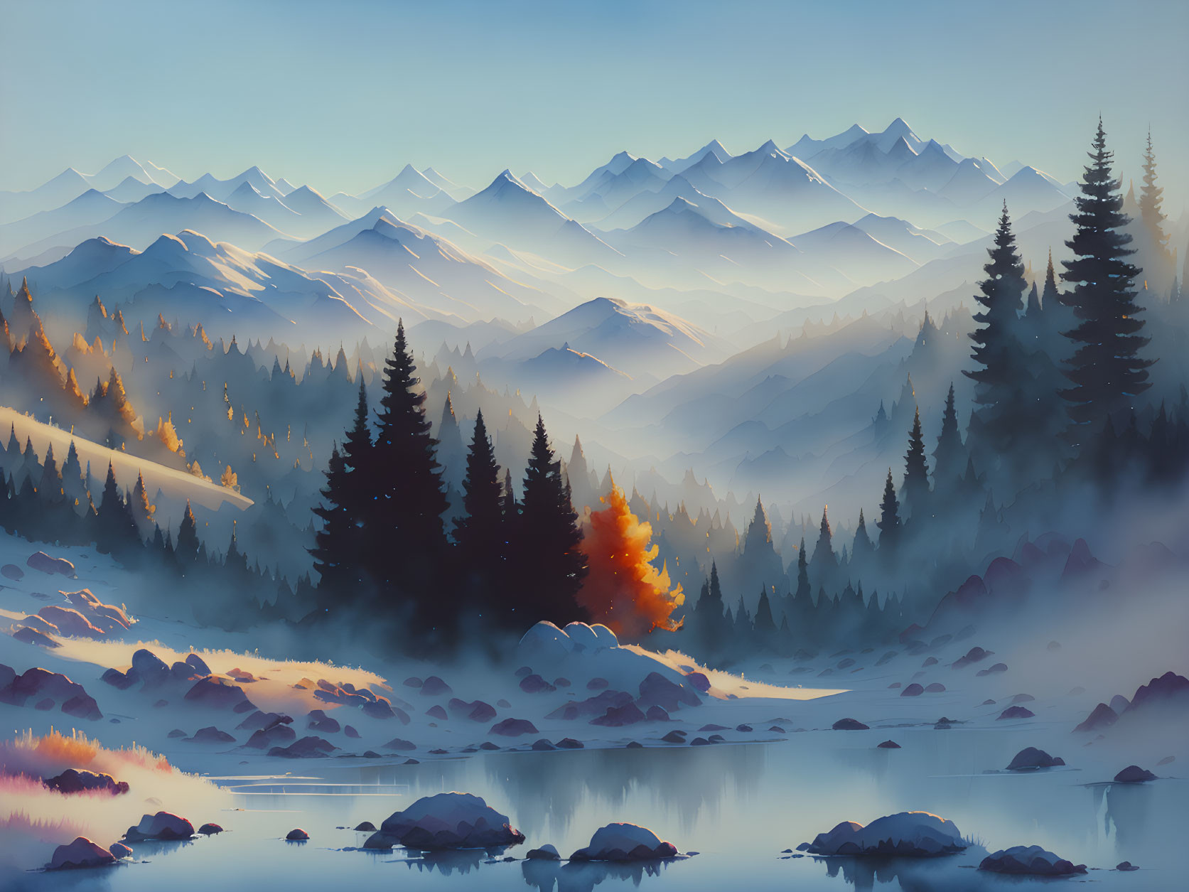 Serene Dawn Landscape: Misty Mountains, Autumn Trees, Lake, Clear Sky