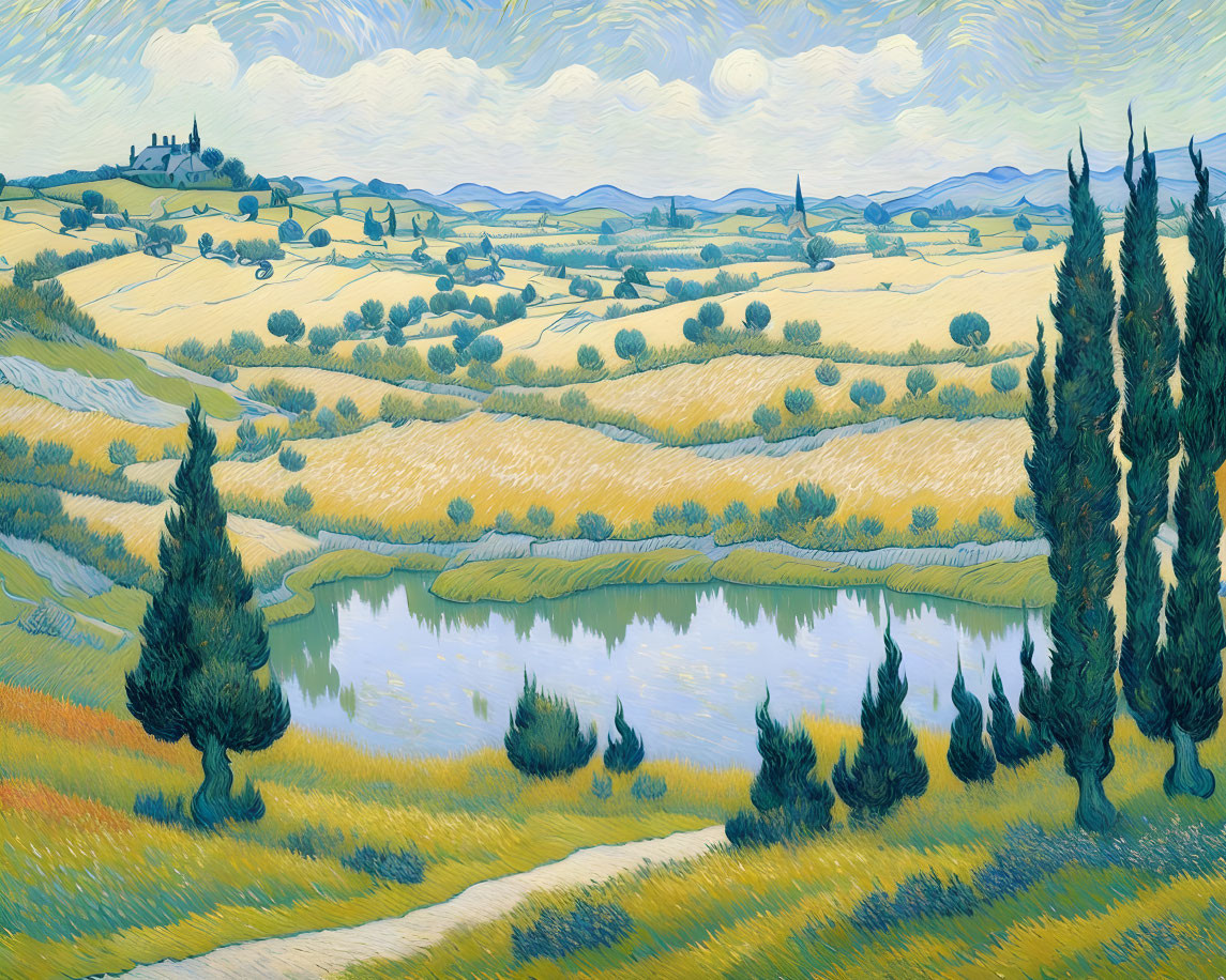 Serene landscape painting with cypress trees, golden fields, river, and hills