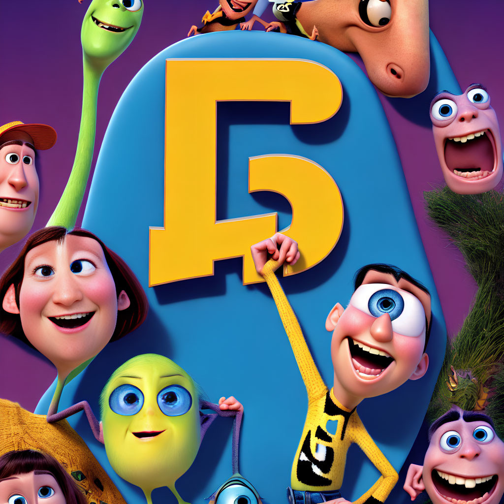 Vibrant Poster Featuring Animated Characters and Large Blue Number 5