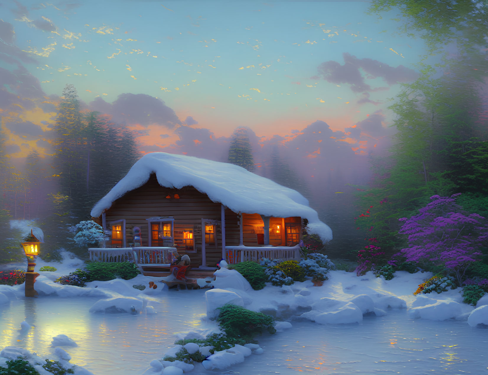 Snow-covered log cabin in tranquil winter evening setting