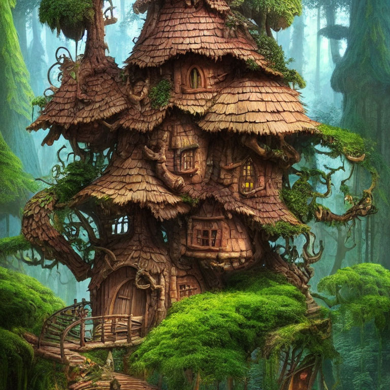 Multi-level treehouse with shingle roofs in misty forest