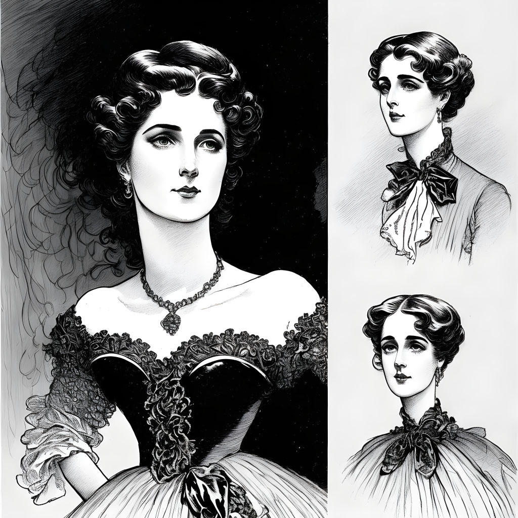 Vintage-style portrait illustrations of women with elegant hairstyles and period clothing.