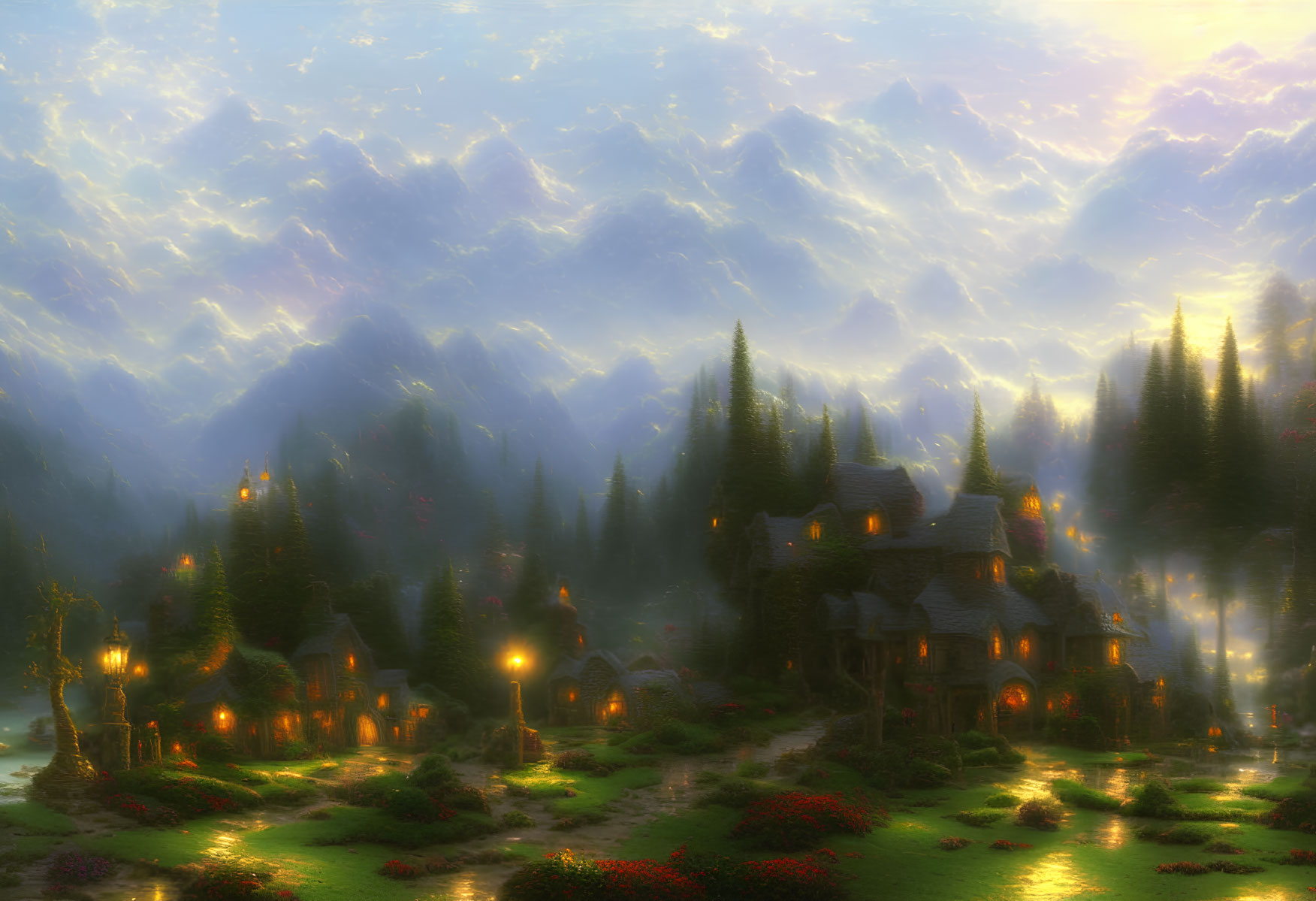 Enchanting fantasy village in forest at dusk