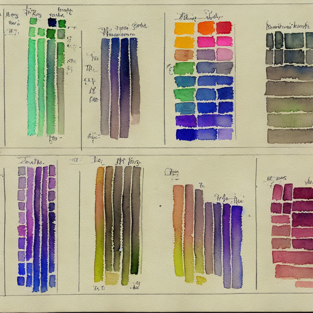 Watercolor Chart: Labeled Color Swatches on Textured Paper