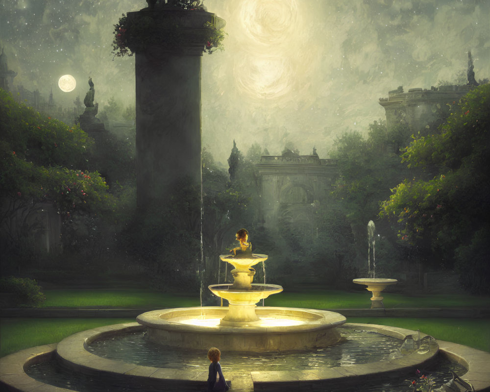 Mystical garden scene with glowing fountain and large moon