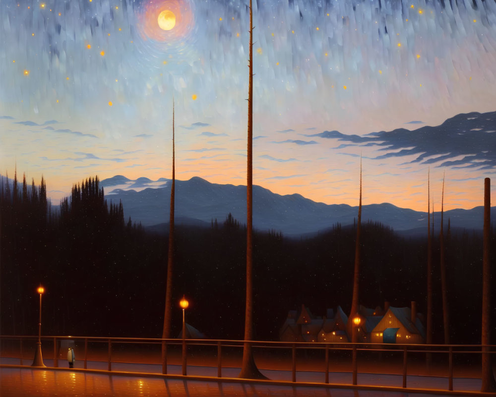 Nighttime landscape with starry sky, full moon, mountains, forest, glowing houses, and bridge