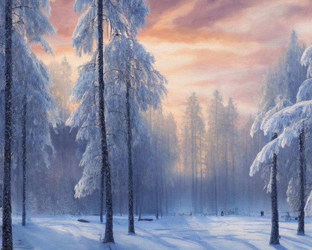 Serene forest scene: Snow-covered pines under pink and blue dusk sky