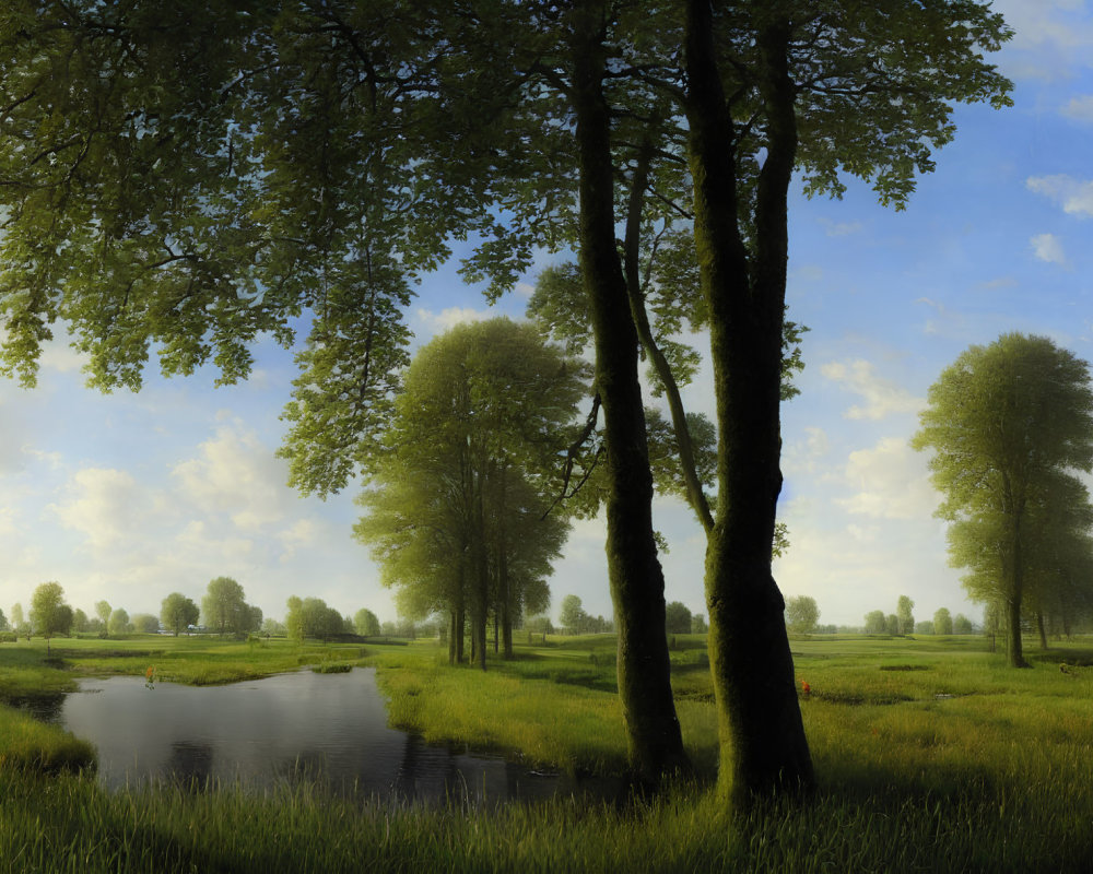 Tranquil landscape with green trees, pond, fields, and soft sunlight