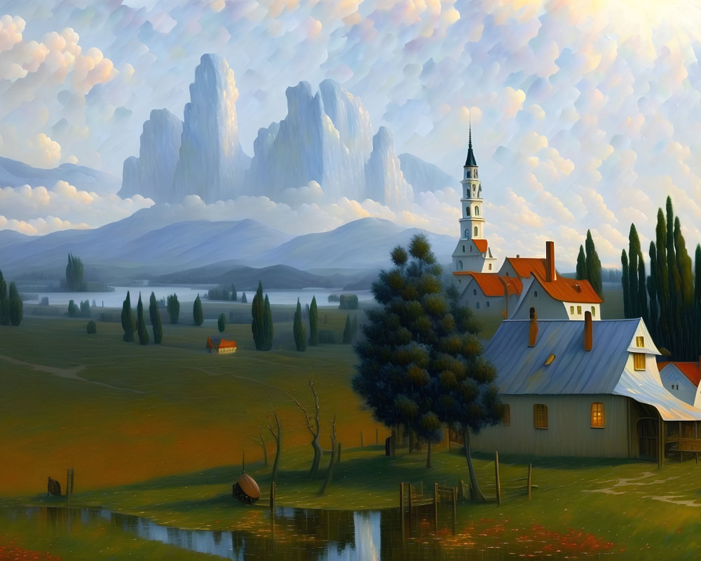 Idyllic rural landscape with village, church spire, hills, mountains, lake, and textured