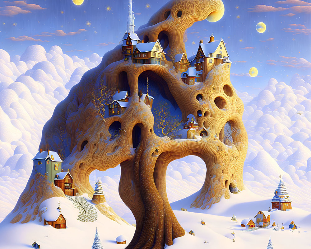 Giant Tree with Houses and Castles in Snowy Landscape