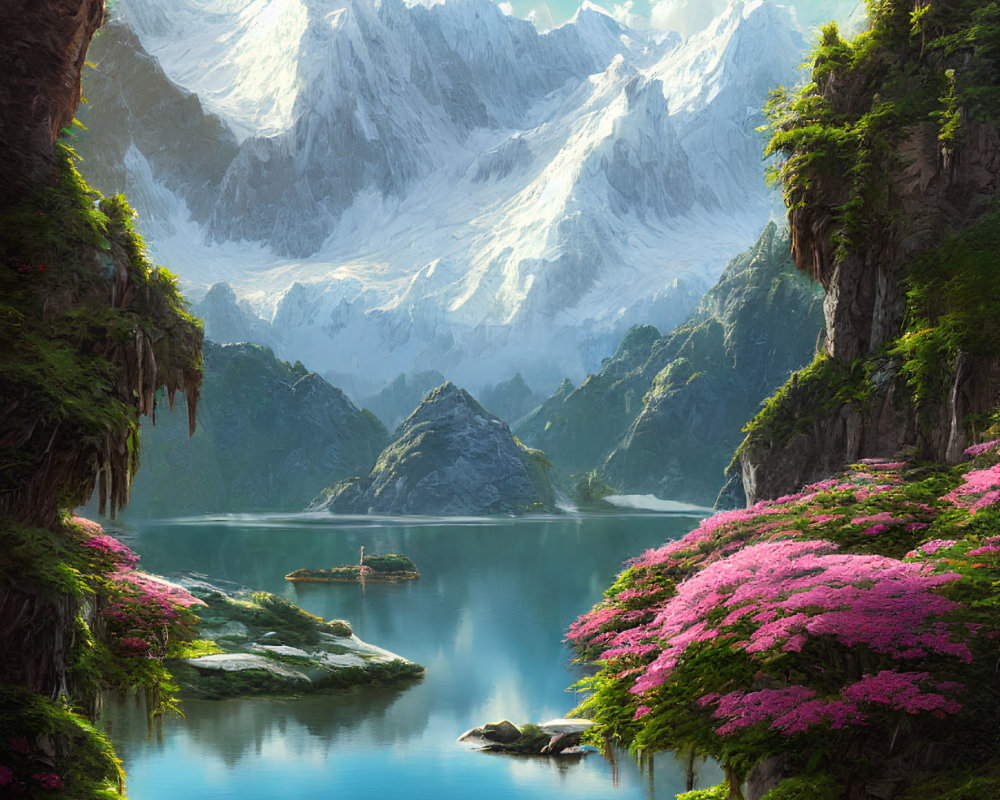 Tranquil mountain lake with pink flowers, greenery, and snow-capped peaks