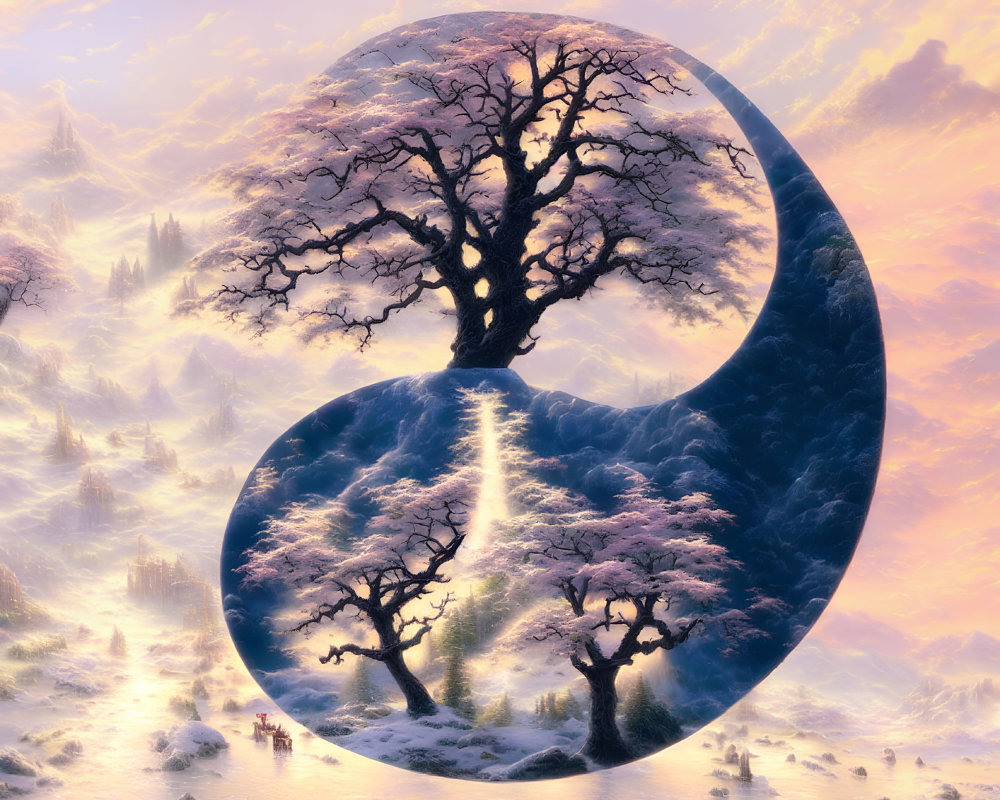 Yin-Yang Symbol with Tree on Golden and Snowy Backgrounds