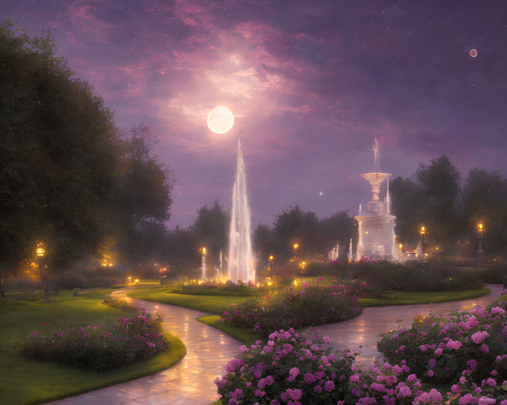 Tranquil park at dusk: glowing fountain, illuminated pathways, lush flowerbeds, purple sky