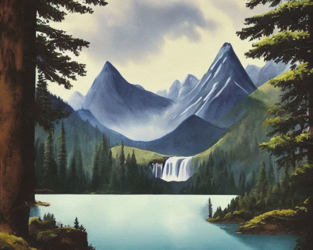 Tranquil landscape painting of blue lake, waterfall, mountains, trees & clouds