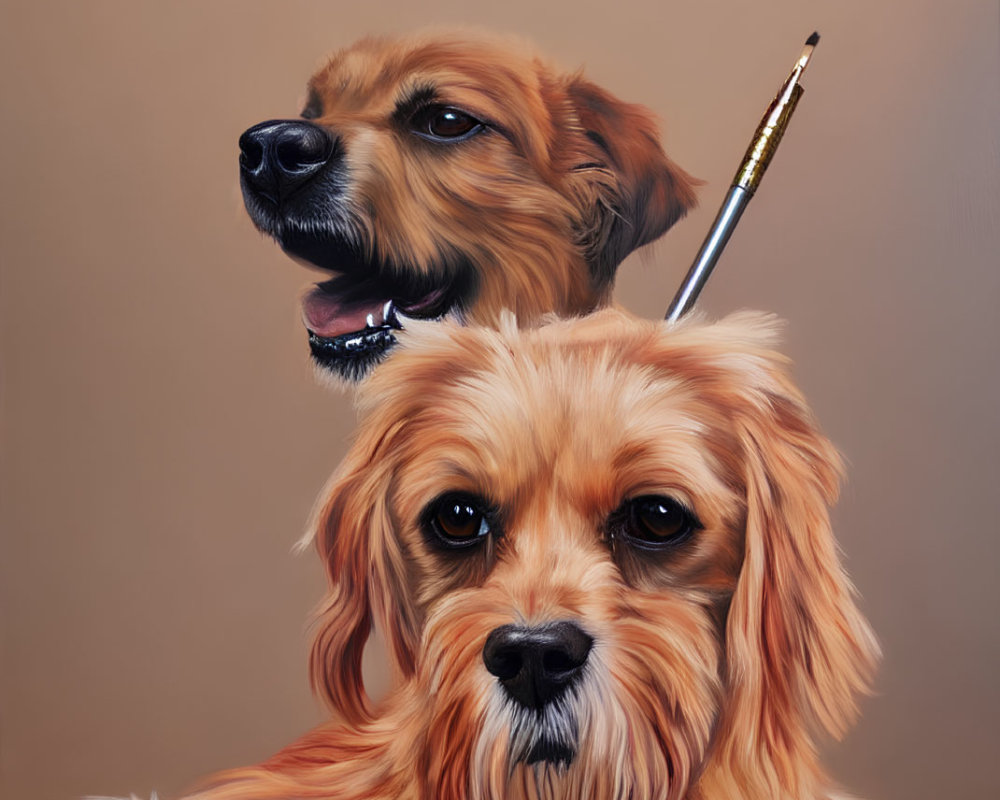 Golden dogs with paintbrush on head on tan background