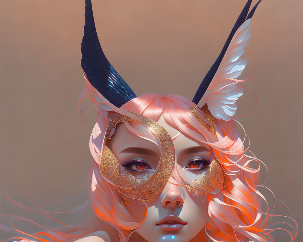 Portrait of female figure with peach hair, golden mask, feathered horns on brown background