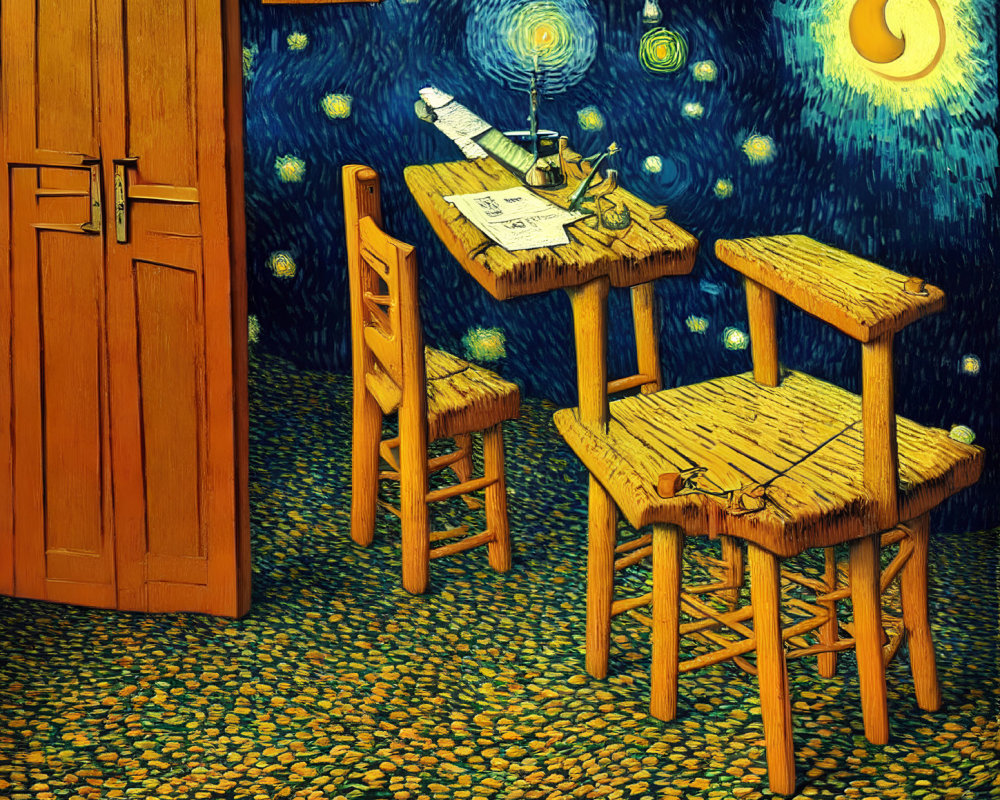 Room with Wooden Furniture and Papers Under Swirling Night Sky