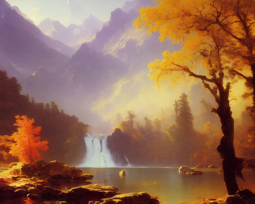 Tranquil autumn landscape with waterfall, lake, golden trees, and misty mountains