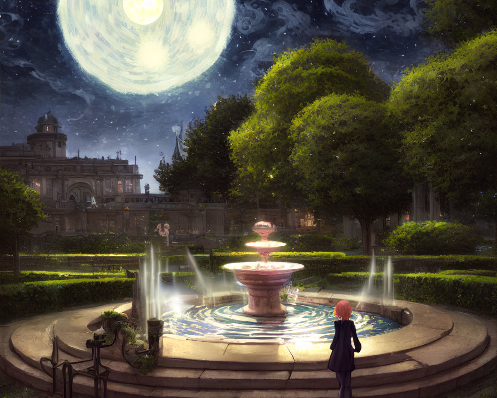 Lush garden scene with fountain, moon, building, and roses