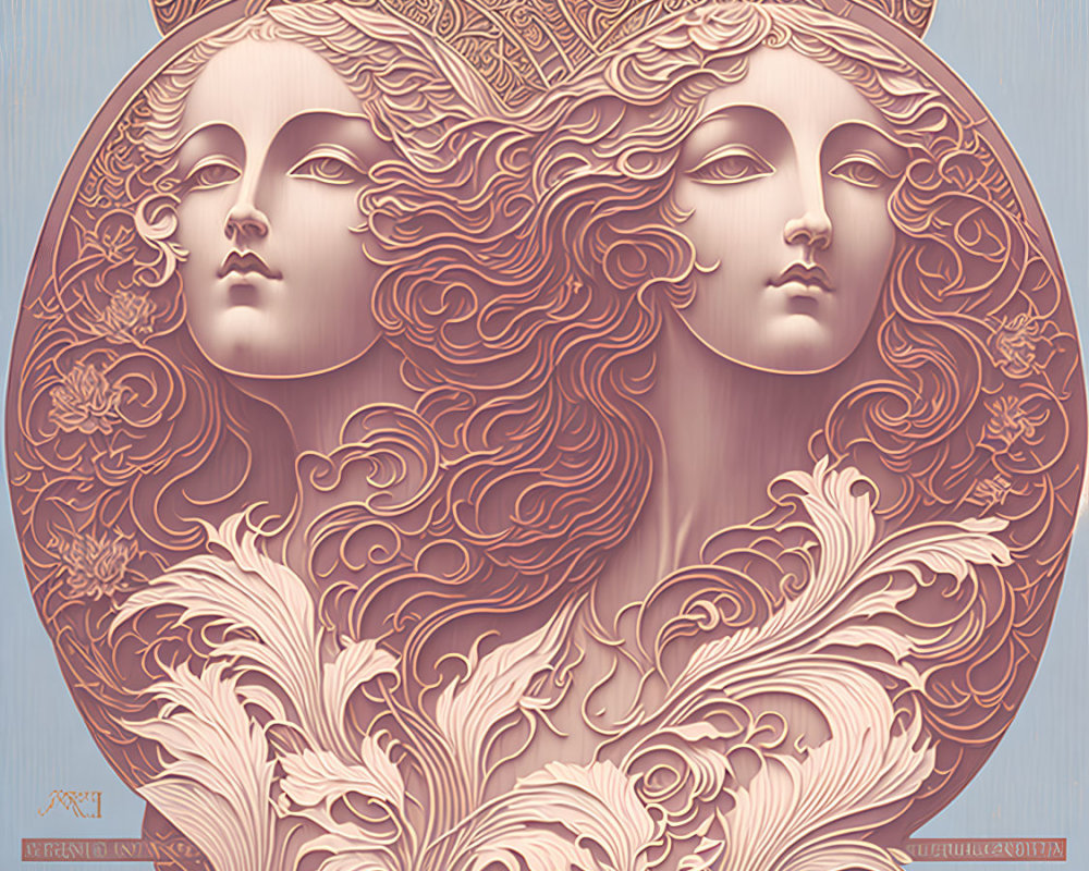Symmetrical female profiles with intricate hair in pastel tones