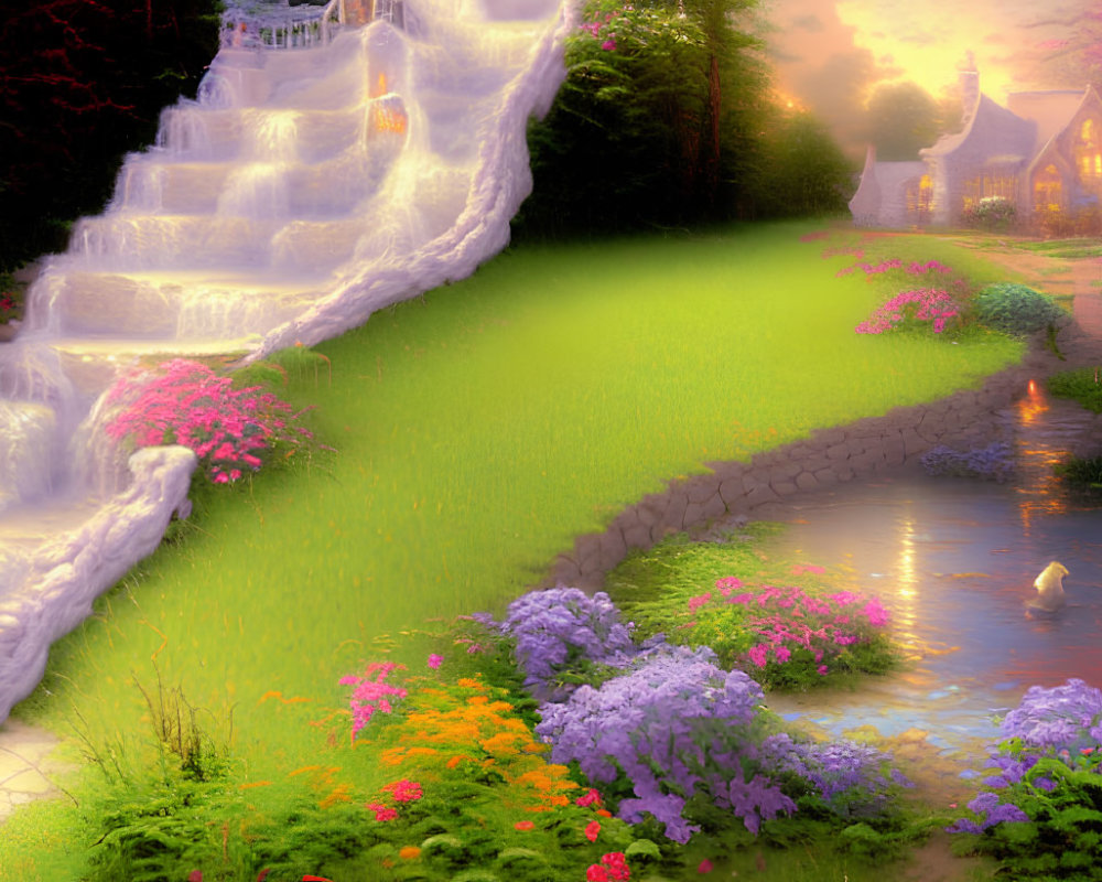 Tranquil garden scene with waterfall, flowers, pathway, cottage, and swan at sunset